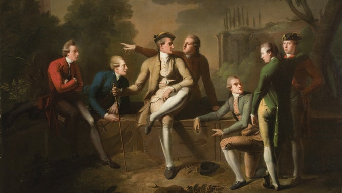 In the 18th century, the Grand Tour was considered to be the best way to complete a gentleman's education. Young aristocrats travelled to the cities of Europe, usually beginning in Paris and then moving south to Spain or Italy where they visited the ancient classical sites. In this group portrait, The Hon. John Tollemache (1750-1777), son of the 4th Earl of Dysart of Ham House poses with his friends. The setting with classical ruins is indicative of their new learning.